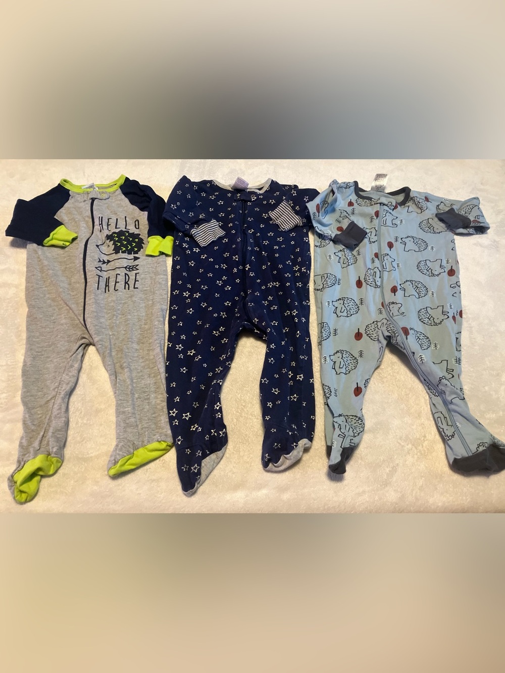 Star & Hedgehog Gerber Footed One-Piece Pack - Gray, Navy & Light Blue